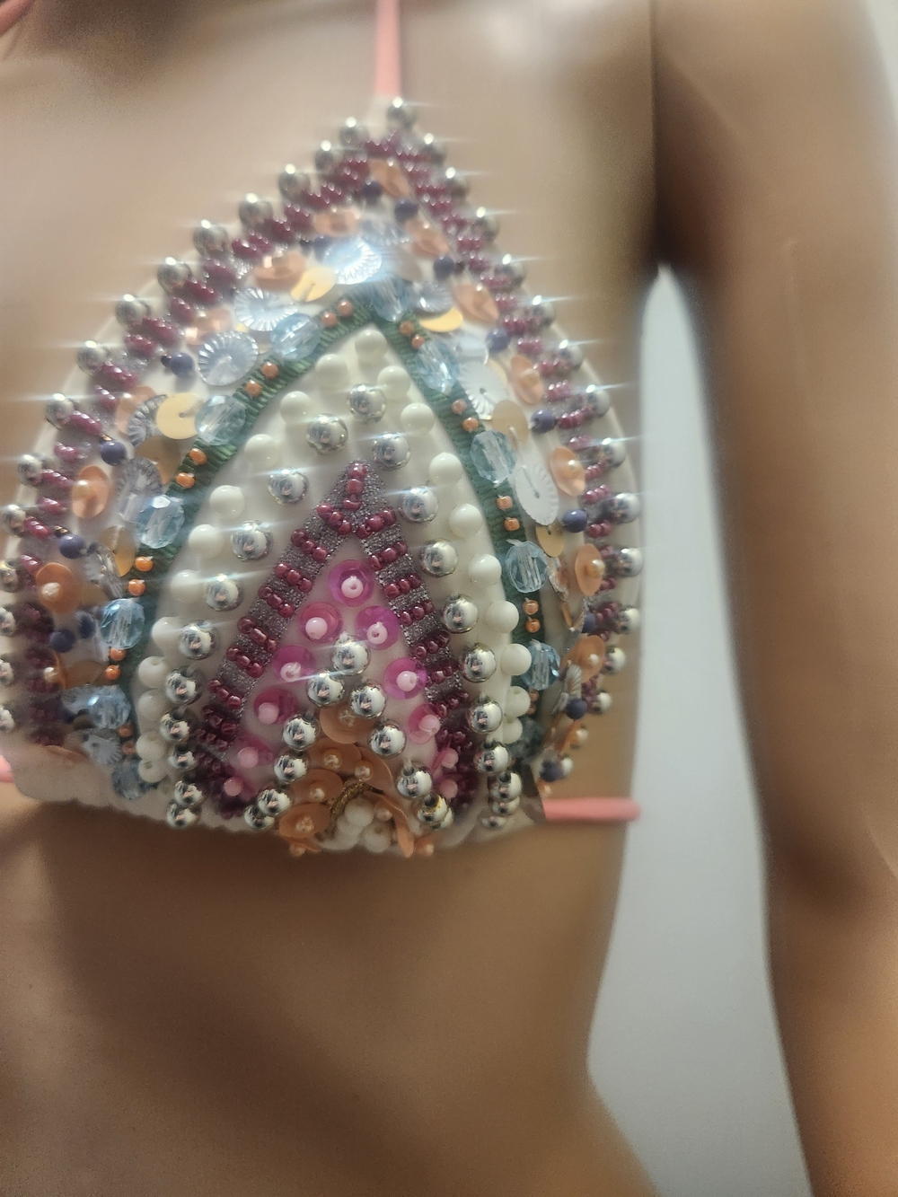 Embellished Beaded Triangle Bikini Top -  Multicolor with Peach Strings